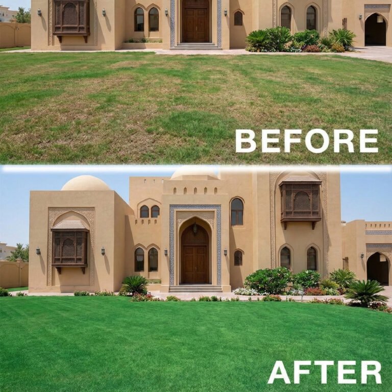 Before and after transformation of a garden with artificial grass installation by HomeGeek services