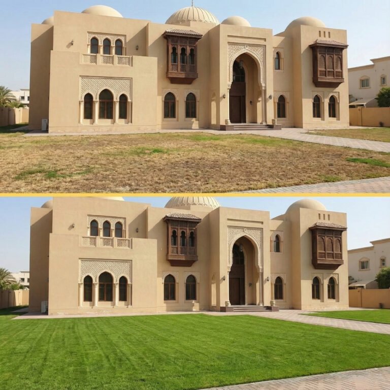 Before and after transformation of a garden with artificial grass installation by HomeGeek services