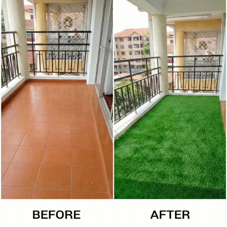 Before and after transformation of a garden with artificial grass installation by HomeGeek services